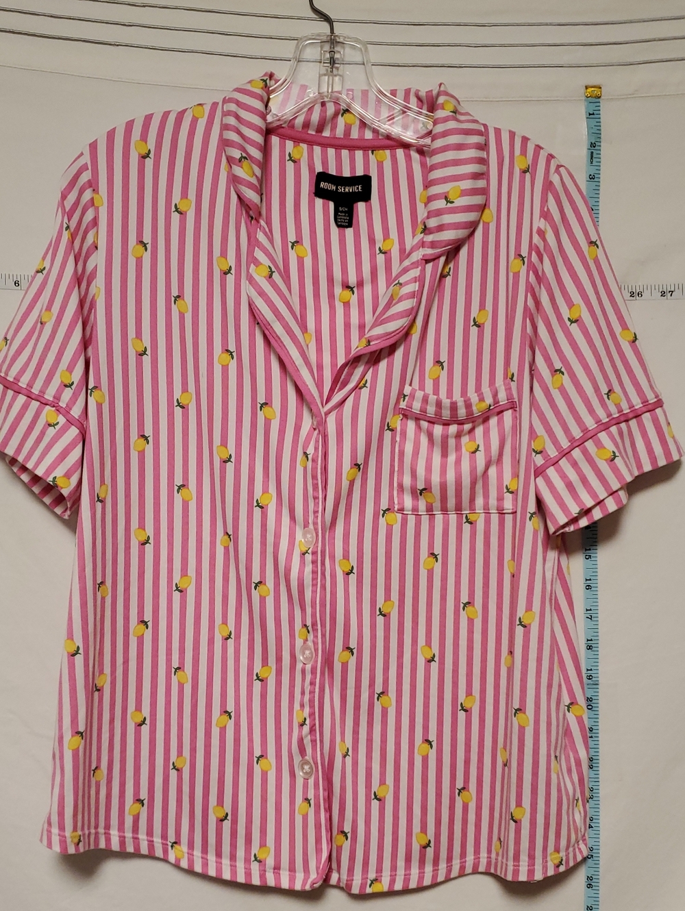 Riom Service Womens Pajama Set Pink White Stripe Lemons Sm Pants Short Sleeve